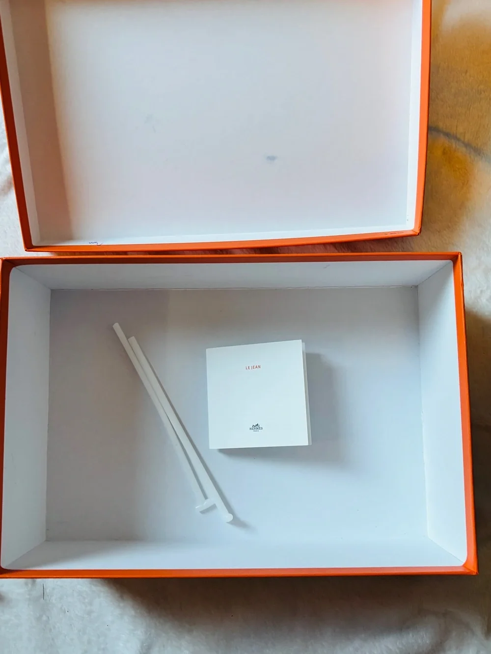 Hermès Paris Orange Shoe Box Ribbon Le Jean Care Booklet Packaging